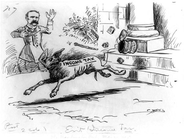 Zeichnung eines Mannes, der vor einem Hund wegrennt, beschriftet mit "Einkommensteuer" und verstreuten Gegenständen im Hintergrund.