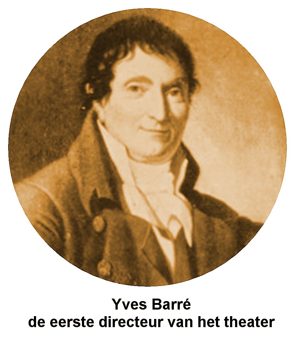 Porträt von Yves Barre, dem Theaterregisseur, in einem schwarzen Anzug und weißem Hemd mit ernster Miene, zurückgekämmtem Haar und direktem Blick in die Kamera; fetter Text unten.