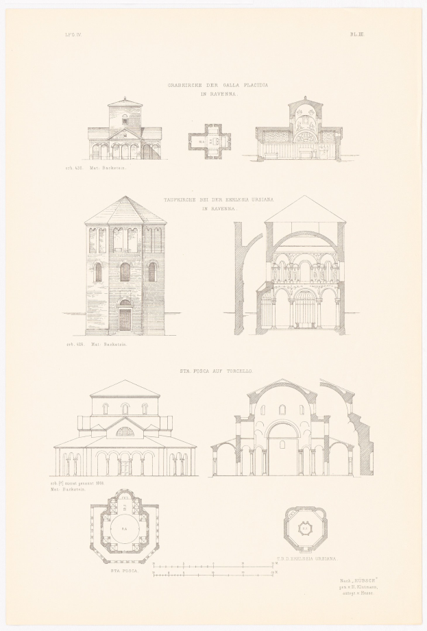 Eine Buchseite mit detaillierten Zeichnungen verschiedener Gebäude mit einzigartiger Architektur, begleitet von erklärendem Text zur Geschichte der Stadt.