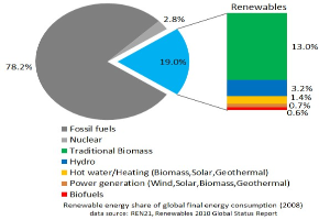 Tortendiagramm, das den globalen Verbrauch erneuerbarer Energien im Jahr 2008 zeigt, mit Abschnitten für fossile Brennstoffe, Kernenergie, Wasserkraft, Warmwasserheizung, Biomasse, Solarenergie, Geothermie und Biokraftstoffe.