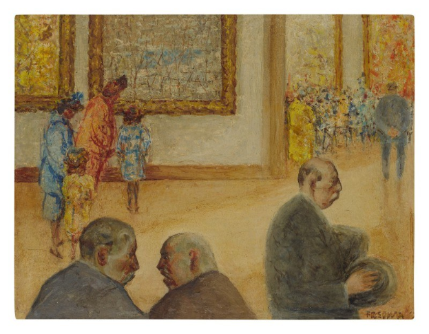 Gemälde mit dem Titel "Die Ausstellung im Museum der Schönen Künste" von Édouard Manet zeigt formell gekleidete Menschen in einem Raum mit Wänden, die mit gerahmten Kunstwerken in gedämpften Erdtönen geschmückt sind.