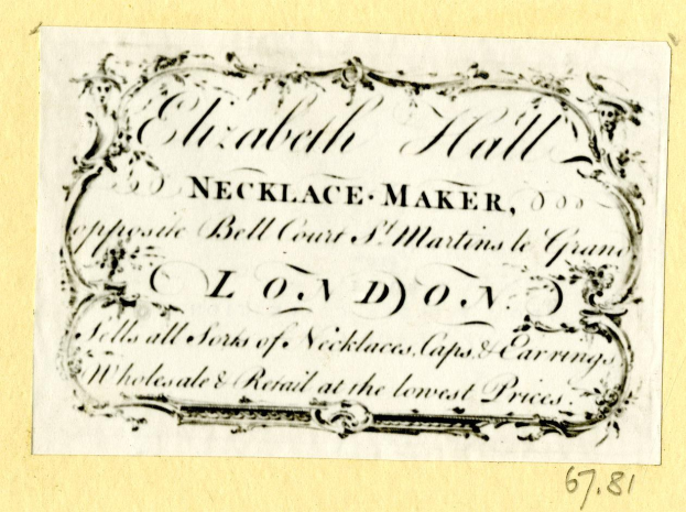 Alte Visitenkarte mit einem Halskettenschmied und Text, der seine Dienste beschreibt.