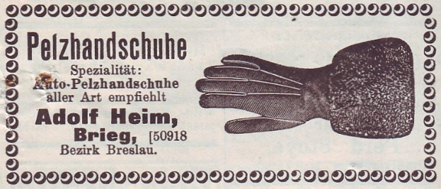 Alte deutsche Visitenkarte mit einer Illustration von einem Paar Handschuhen und gedrucktem Text.
