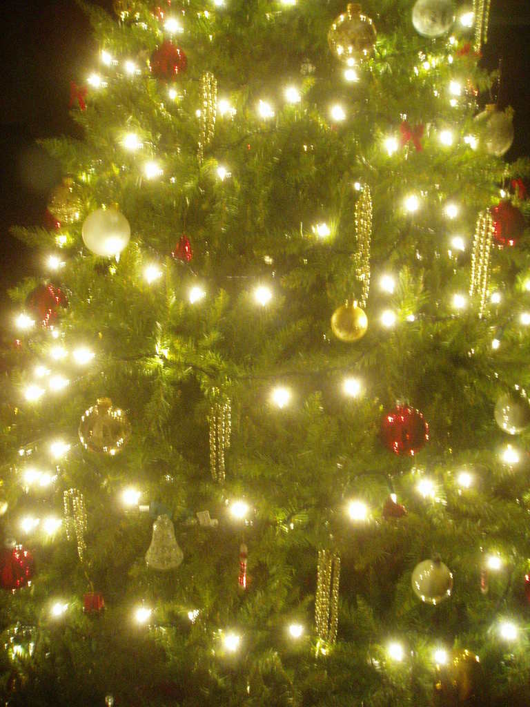 Ein Weihnachtsbaum mit Lichtern, Kugeln und verschiedenen Schmuckstücken.