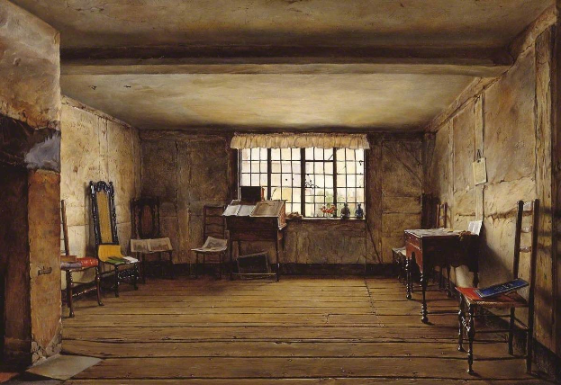 Gemälde "Die Untersuchung des Künstlerateliers" von J.M.W. Turner, das einen Raum mit Holzfußboden, Wänden, einem Vorhangfenster, einem Tisch mit Büchern und Gegenständen, Stühlen, einem Spiegel und einer Tür zeigt.