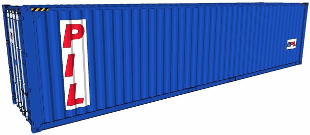 Blauer Seecontainer mit "PL" darauf vor einem weißen Hintergrund.