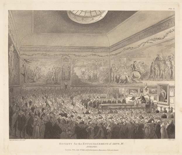 Gravur eines großen Raums mit stehenden und sitzenden Menschen, Foto Rahmen an den Wänden und Text unten lesend "Gesellschaft zur Förderung der Künste".