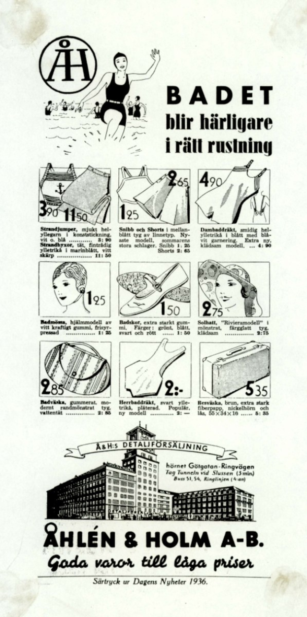 Anzeige mit einer Frau in einem weißen Bikini mit blauen und weißen Streifen, die eine Pferdeschwanzfrisur trägt und direkt in die Kamera schaut, mit leicht geöffneten Lippen, umgeben von Bildern von Menschen, modernen Hochhäusern und großer Schrift.