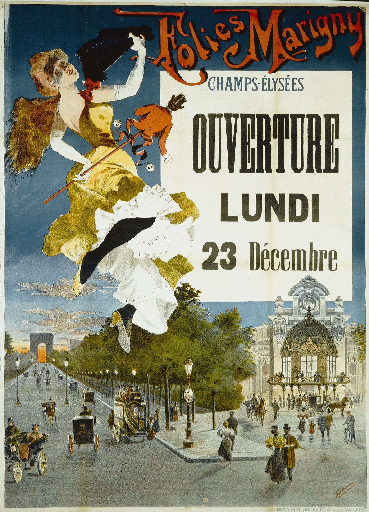 Plakatwerbung in Paris mit einer Frau in gelbem Kleid umgeben von Menschen, Fahrzeugen, Straßenelementen, Gebäuden und Wolken mit Text.