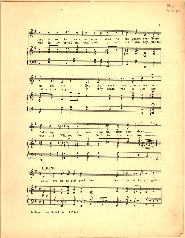 Alte Notenblätter mit der Überschrift 'Goodbye Little Girl' in Violinschlüssel- und Bassschlüsselnotation, Text und musikalische Symbole auf hellcremefarbenem Papier.