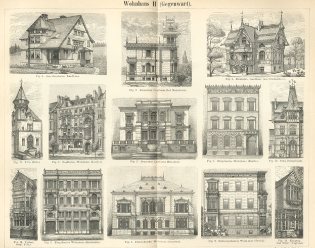 Eine Buchseite mit verschiedenen Gebäuden mit einzigartigen Architekturen, begleitet von beschreibendem Text.