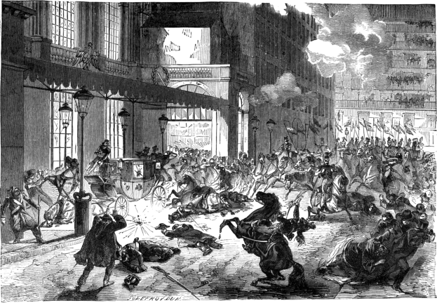 Schwarze und weiße chaotische Stadtstraßenszene mit berittenen Reitern im Vordergrund, eine Kutsche im Hintergrund, Gebäude, Straßenlaternen, Rauch und Text unten.