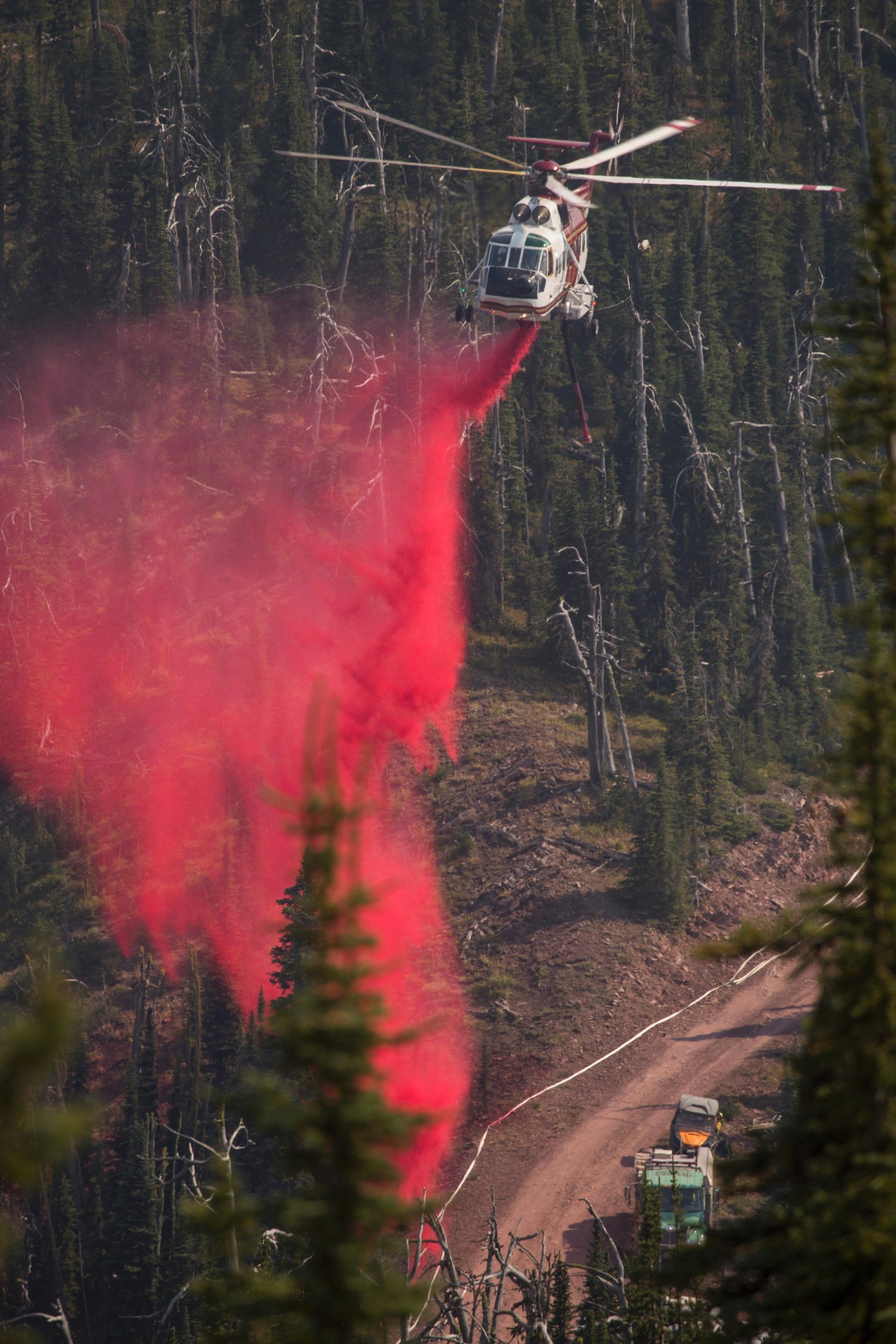 Ein Hubschrauber lässt Wasser auf einen Waldbrand fallen, während ein Fahrzeug am Boden zu sehen ist, mit Bäumen im Hintergrund.