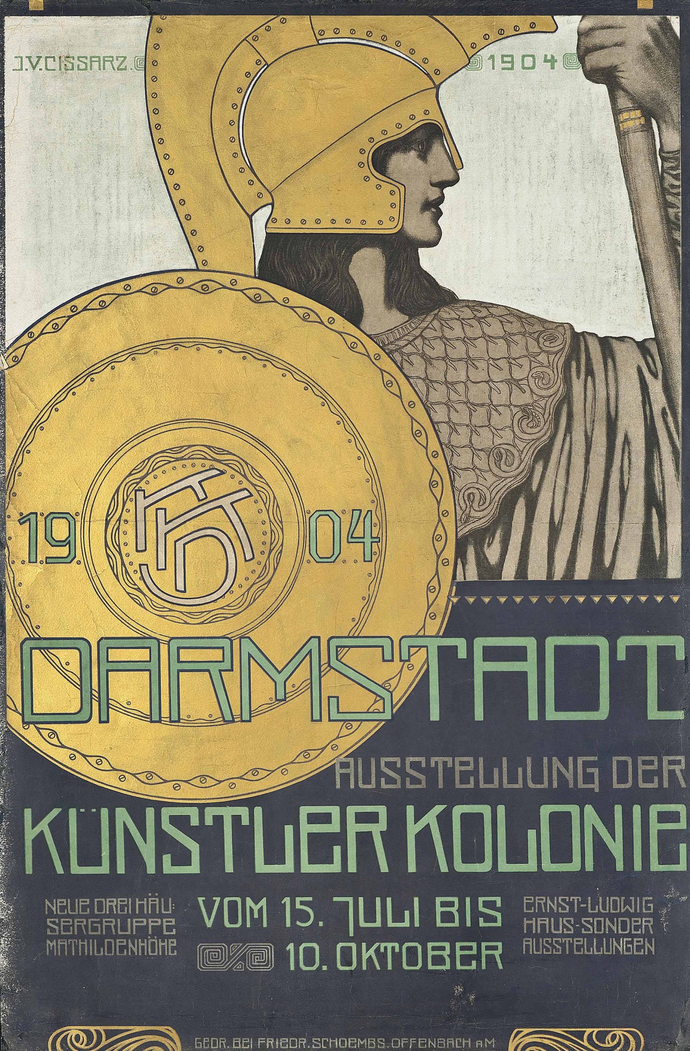 Plakat für ein 1904er Berlin-Konzert mit einem Helmträger, der ein Schild hält, und der Schrift «Darmstadt» und «Künstler Kolonie»