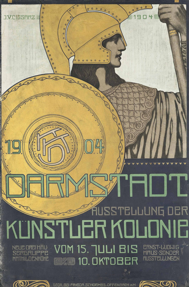 Plakat für ein 1904er Berlin-Konzert mit einem Helmträger, der ein Schild hält, und der Schrift «Darmstadt» und «Künstler Kolonie»