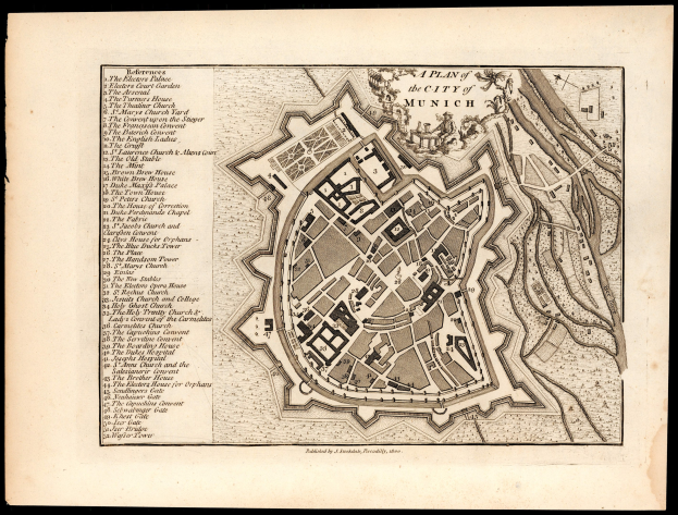 Ein detailliertes altes Stadtplan von München, Deutschland, auf einem schwarzen Hintergrund, der Straßen, Gebäude und Sehenswürdigkeiten mit beschrifteten Text zeigt.