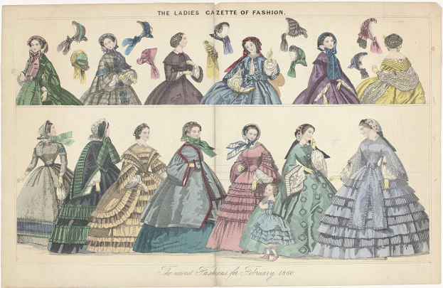 Eine Vintage-Modezeitschrift mit dem Titel "The Ladies Gazette of Fashion", die Illustrationen von Frauen in verschiedenen farbenfrohen Kleidern und kunstvoll gestalteten Hüten zeigt, mit einem gedämpften Farbschema aus Blauen, Grünen und Gelben.