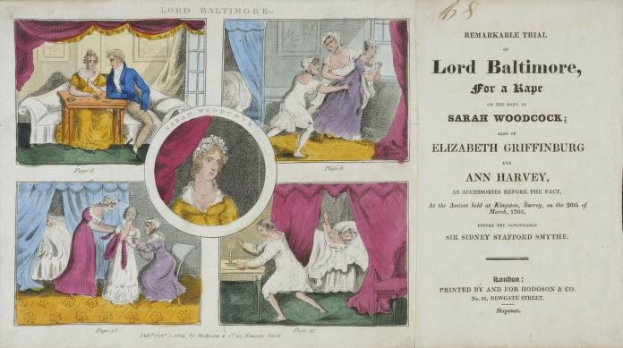 Ein historisches Dokument, das den Prozess von Lord Baltimore wegen Vergewaltigung zeigt, mit Illustrationen von Menschen, Vorhängen und Texten, die den Fall von Sarah Woodcock und Elizabeth Griffinburg beschreiben.