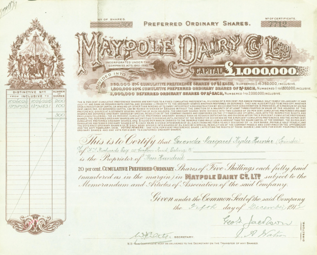 Altes Aktienzertifikat der Maypole-Molkerei Co. mit gedrucktem Text und handgeschriebenen Zahlen.