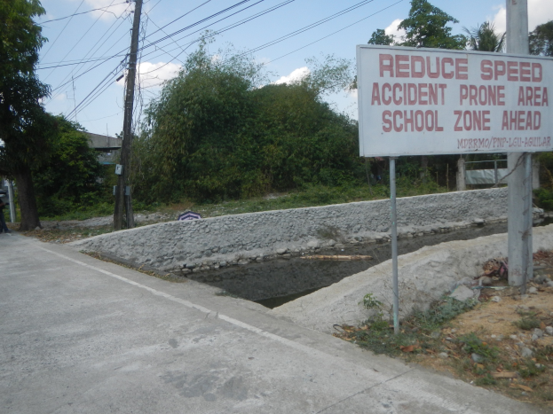 A road sign reading 'Reduce Speed Accident Prone Area School Zone Ahead' with a person standing on the left, trees, utility poles, a house, and the sky in the background.