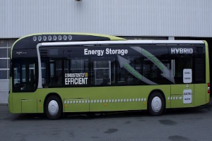 Ein grüner Elektrobus steht auf der Straße vor einem Gebäude, im Hintergrund eine Wand, wahrscheinlich eine Energiespeicheranlage.