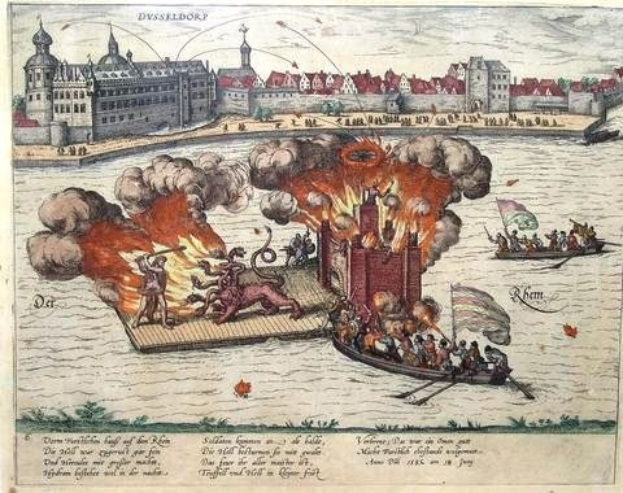 Gemälde, das die Belagerung von Dresden im Jahr 1685 zeigt, mit einem Feuer auf Wasser und einem Boot voller Menschen, umgeben von Gebäuden, Bäumen und einem Himmel.