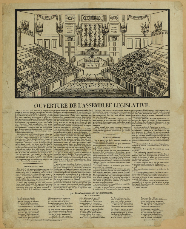 Schwarz-weiß-Illustration einer mit sitzenden Personen gefüllten Gesetzgebungskammer, auf altem Zeitungsdruck mit sichtbarem Text.