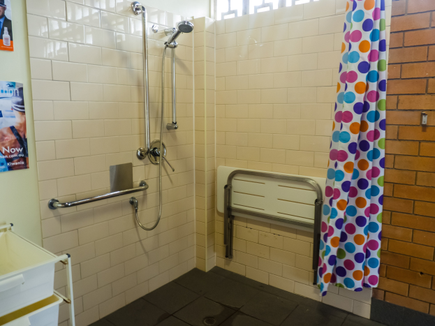 Ein barrierefreies Badezimmer mit einer Dusche, Handläufen, einem Vorhang, einer Wand mit Postern, einem Ständer mit einem Tablett und einem Fenster.