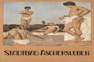 Plakat für ein Schwimmbad in Aschersleben, Deutschland, das Menschen im Wasser und Text über Annehmlichkeiten zeigt.