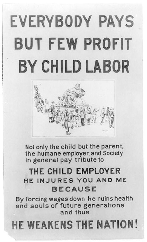 Schwarzes und weißes Plakat mit einer Gruppe von Menschen und dem Text "Jeder zahlt, aber wenige profitieren von Kinderarbeit", das gegen Kinderarbeit in den USA wirbt.