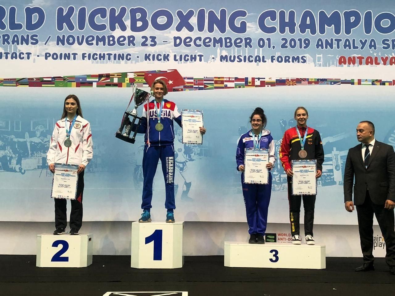 Fünf Personen auf einem Podium mit Trophäen und Urkunden, im Hintergrund ein Banner 'World Kickboxing Championship Antalya 2019'.