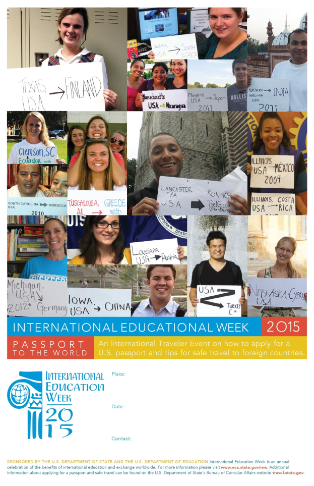 Internationaler Bildungswoche 2015 Plakat mit einer Gruppe von strahlenden Menschen mit Schildern und Text, der Informationen zum Event enthält.