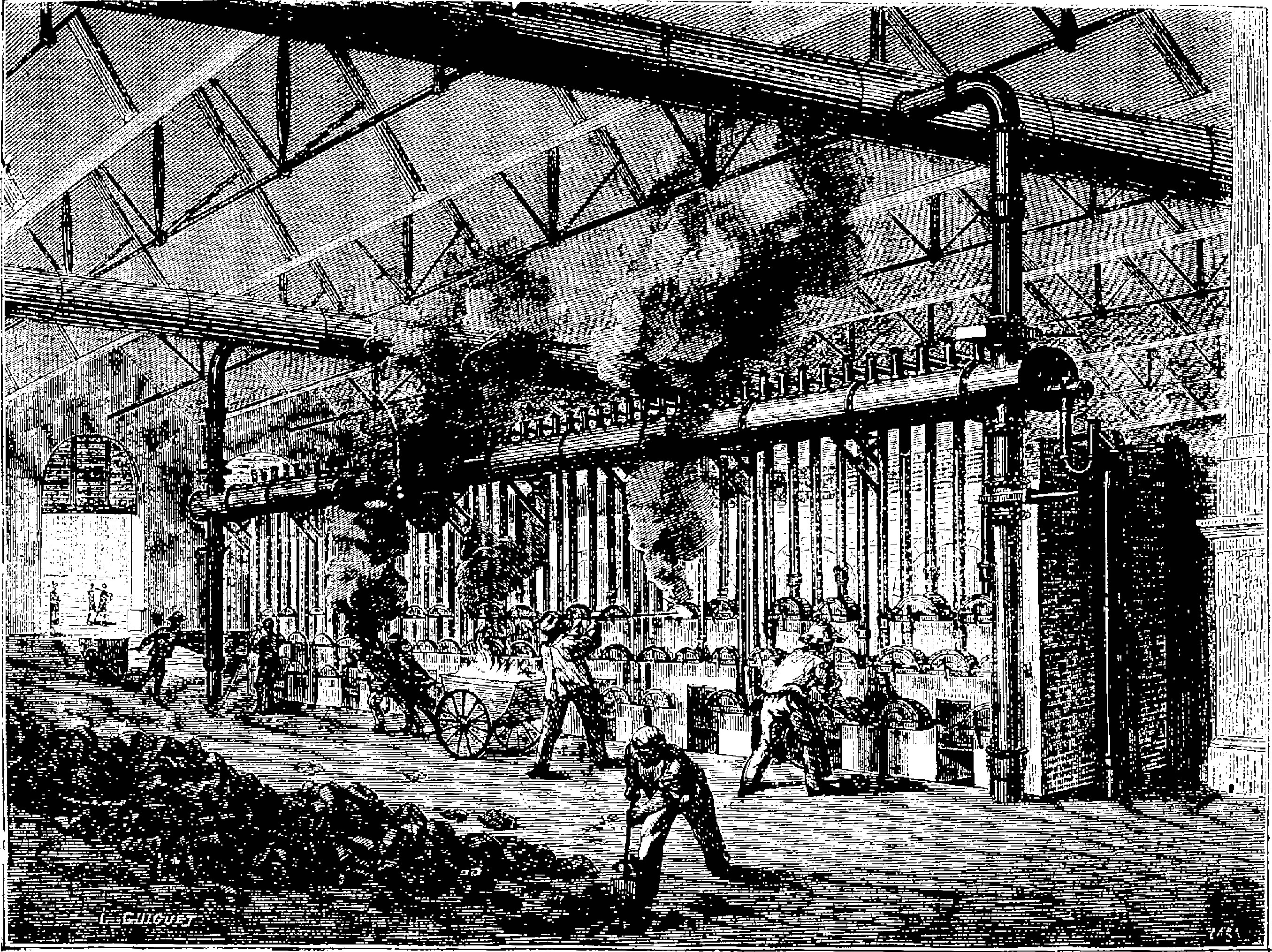 Schwarz-weiß-Illustration einer geschäftigen Stahlfabrik der 1910er Jahre mit Arbeitern, Maschinen und Industrieausrüstung.
