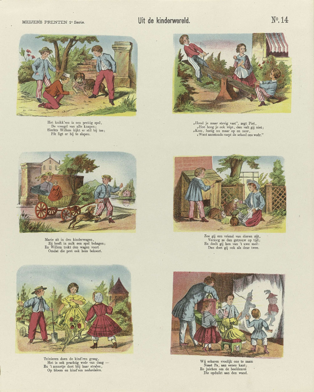 Ein aufgeschlagenes Buch mit Illustrationen von Kindern, die im Park spielen, umgeben von Bäumen, Gebäuden und einem Wagen, sowie begleitendem Text.