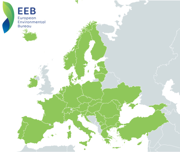 Eine Europakarte mit dem Logo des Europäischen Umweltbüros in der linken oberen Ecke, die in verschiedenen Grüntönen schattiert ist, um die verschiedenen EU-Regionen anzuzeigen.