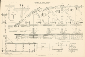 Altes Buch mit detaillierten Diagrammen und Texten über Brückenkonstruktion, das eine Illustration einer Eisenbahnschiene auf dem Cover zeigt.