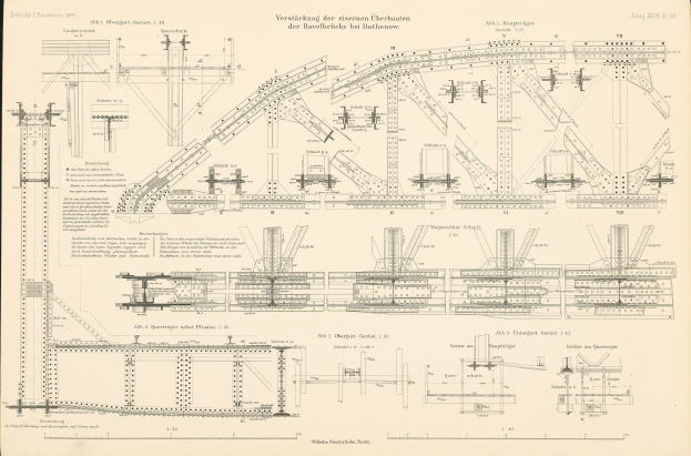 Altes Buch mit detaillierten Diagrammen und Texten über Brückenkonstruktion, das eine Illustration einer Eisenbahnschiene auf dem Cover zeigt.