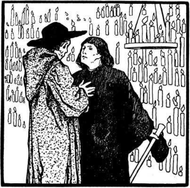 Schwarze und weiße Illustration eines Mannes, der einen Stock hält und einer Frau, die neben ihm vor einer Wand aus Kerzen steht, mit 'The Book of Mormon' Text unten.