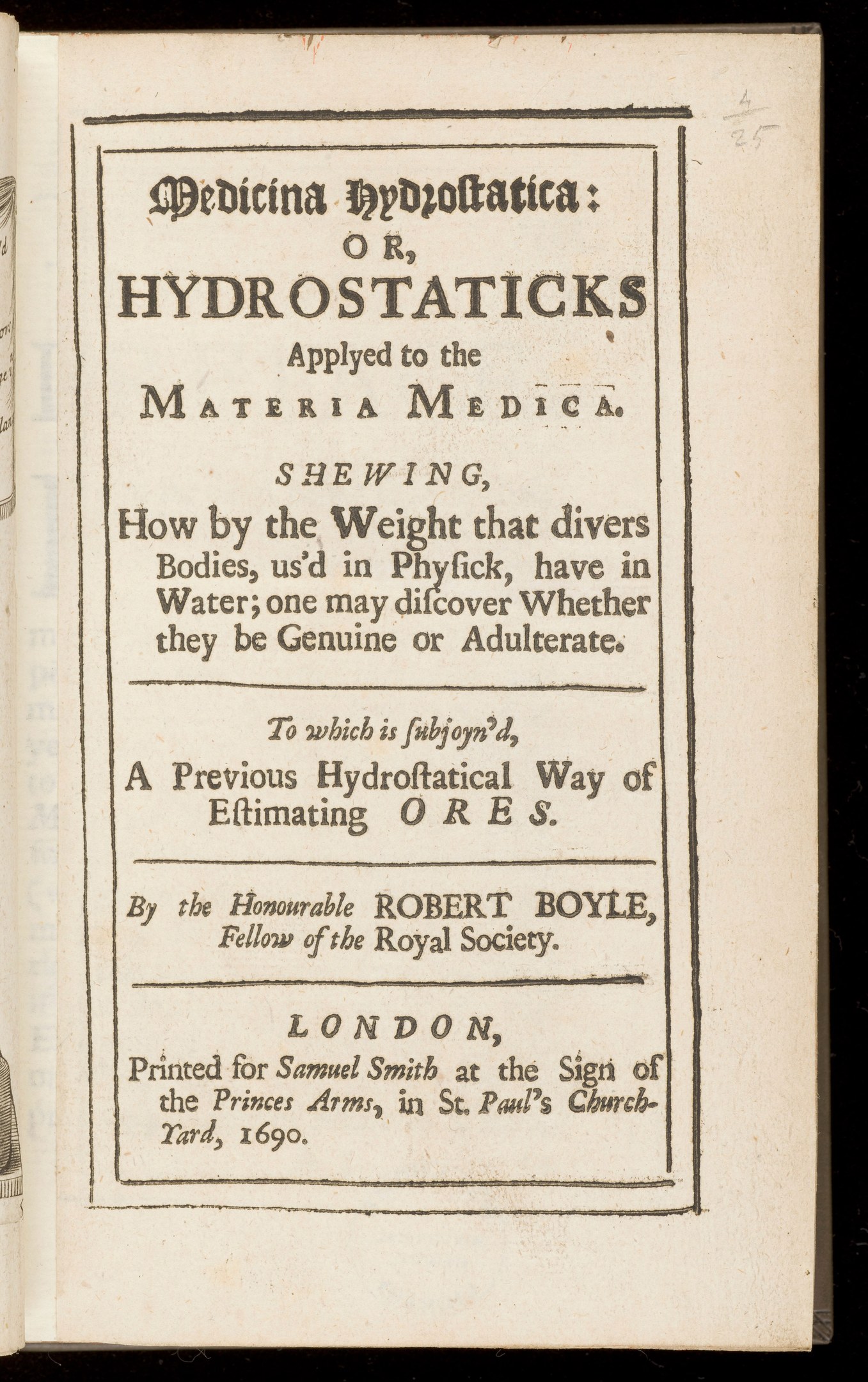 Offenes Buch mit schwarzem Hintergrund, das ein weißes Papier mit der Aufschrift "Medicina Hydrostatica oder Hydrostaticks Applied to the Material Medicine" zeigt.