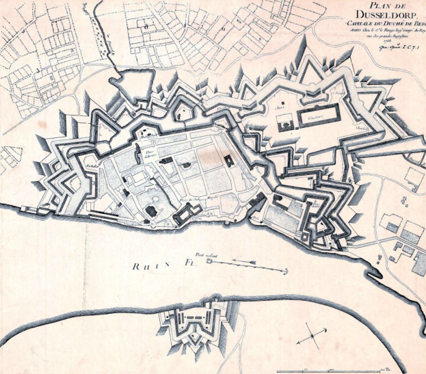 Detailierte Stadtplan-Poster von Düsseldorf, Deutschland, mit Straßen, Gebäuden und Sehenswürdigkeiten sowie zusätzlichem Text über Bevölkerung, Geschichte und Kultur.