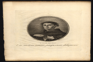 Ein altes Buch mit einer Schwarz-Weiß-Zeichnung eines Männergesichts, der eine weiße Robe mit einem blauen Band trägt und direkt in die Kamera schaut, umgeben von kursivem Text in einem weißen Rahmen.