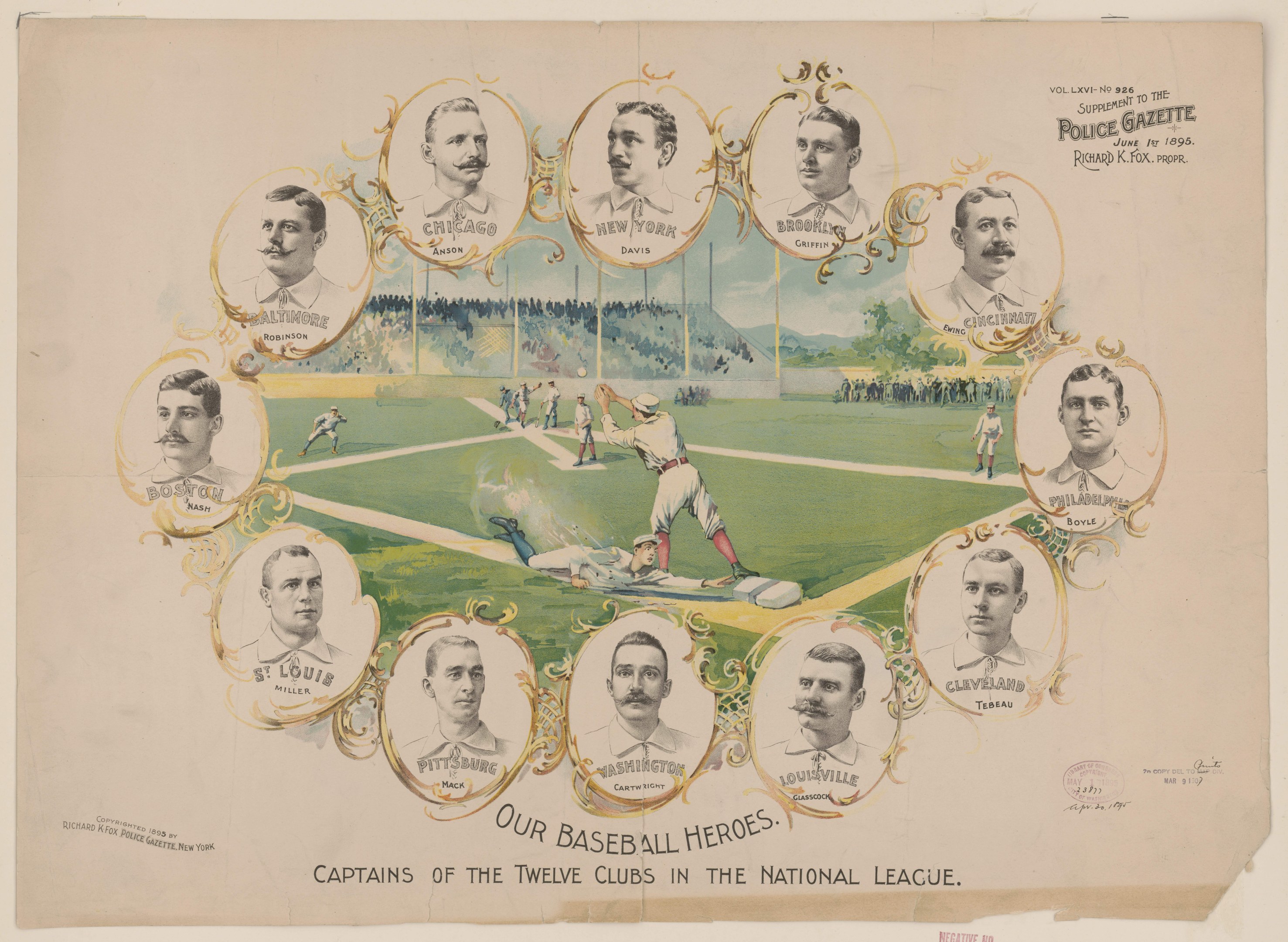 Plakat mit der Aufschrift "Unsere Baseball-Helden, Kapitäne der zwölf Clubs in der Nationalen Liga" zeigt eine Gruppe von Baseball-Spielern auf einem Feld mit einer Menge, Bäumen und einem klaren blauen Himmel.