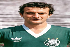 Ein Mann in einem grünen "Palmeiras"-T-Shirt mit "Diego Maradona"-Text steht vor einem unscharfen Stadion.