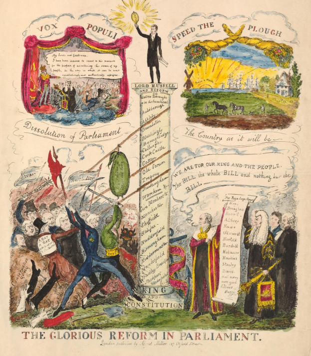 Eine farbenfrohe Papierillustration mit der Überschrift "Die glorreiche Reform im Parlament", die mutige Schrift und verschiedene, lächelnde Menschen zeigt, die Hoffnung und Fortschritt symbolisieren.