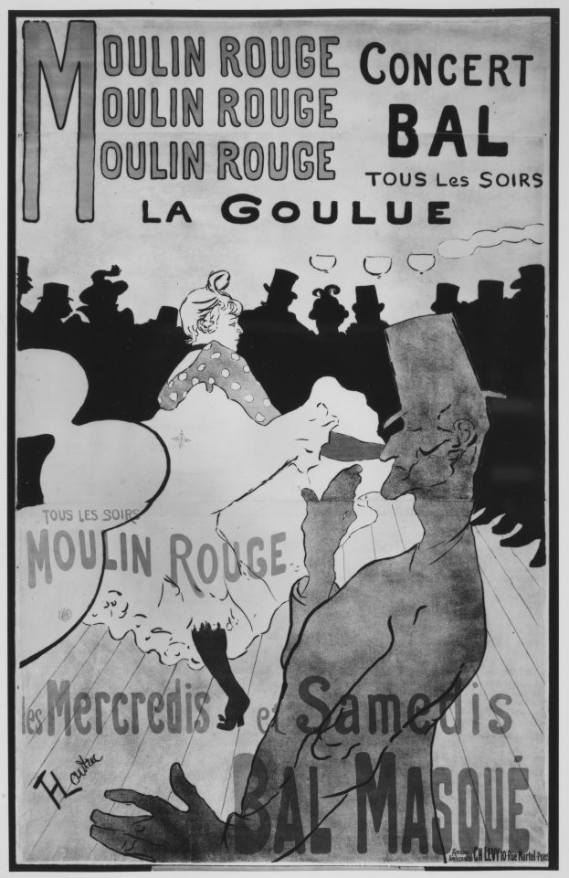 Ein Schwarz-Weiß-Plakat, das ein Moulin Rouge-Konzert in Paris ankündigt, mit einem Mann und einer Frau, die tanzen, und Text darauf.