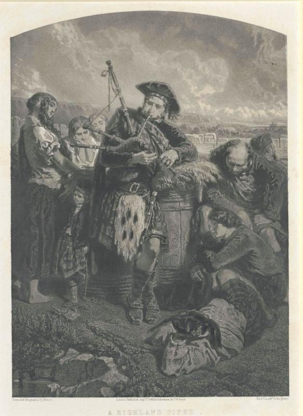 Schwarze und weiße Gravur eines Mannes, der vor einem Publikum eine Dudelsack spielt, unter einem bewölkten Himmel, mit der Inschrift "Ein Highland-Pfeife" unten.