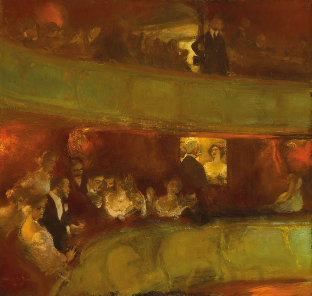 Ein Gemälde einer bunten Gruppe von Menschen in einem hell erleuchteten Theater, einige stehen, einige sitzen, alle in eleganter Kleidung, schaffen eine lebendige und einladende Atmosphäre.