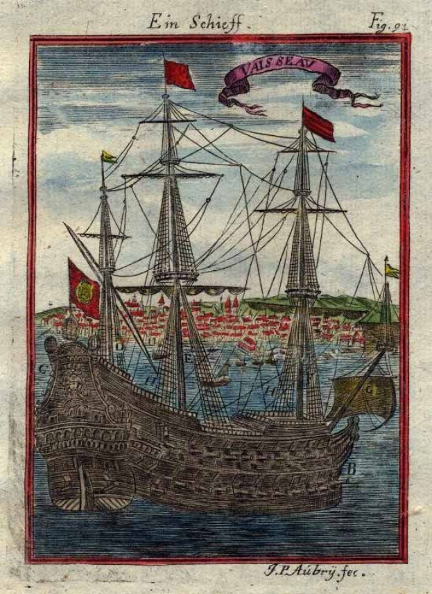 Ein altes Buch mit einer detaillierten Illustration eines Segelschiffs mit geblähten Segeln, umgeben von schwingenden Flaggen und Text in einer klassischen Schriftart.