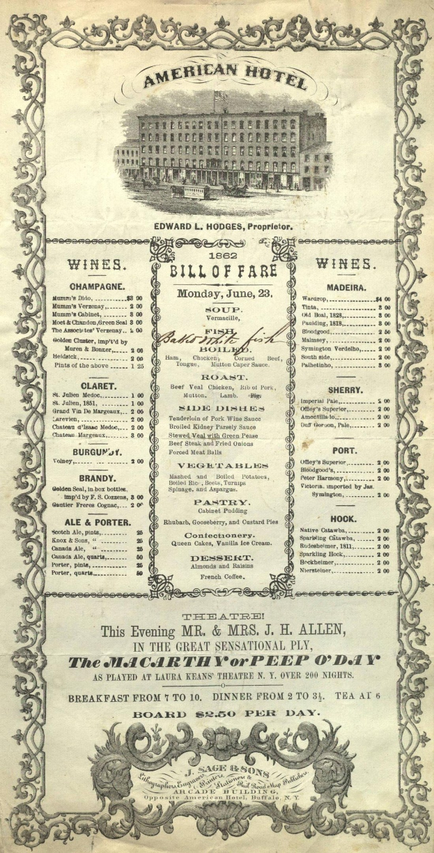 Altes Buch mit dem Titel "American Hotel Bill of Fare von 1862" mit einer Abbildung eines Gebäudes auf dem Cover, das detaillierte Texte zu gastronomischen Angeboten enthält.