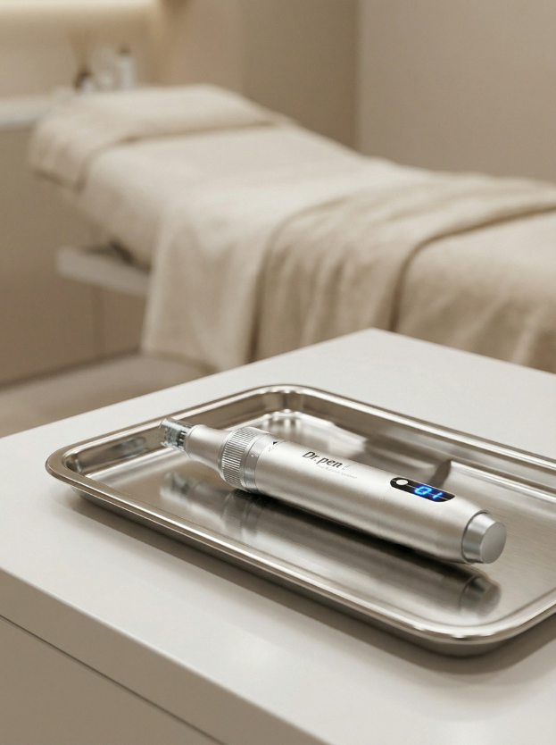 Ein modernes Microneedling-Gerät auf einem sterilen Untergrund in einem professionellen Kosmetikstudio.